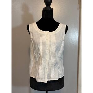 Kate Hill PS White Linen Sleeveless Blouse Pintuck Button Front Minimalist Top